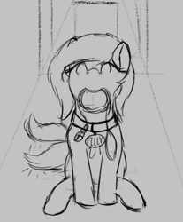 Size: 524x634 | Tagged: safe, artist:barhandar, oc, oc only, oc:anon filly, pony, collar, female, filly, gray background, happy, leash, monochrome, pet tag, pony pet, simple background, sitting, sketch, solo, solo female, tail wag