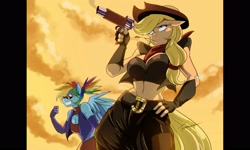 Size: 2900x1740 | Tagged: safe, artist:traupa, applejack, rainbow dash, anthro, earth pony, pegasus, applerack, belly button, belt, breasts, cleavage, clothes, cowboy hat, fingerless gloves, gloves, gun, hat, long gloves, mouth hold, rainboob dash, sunglasses, weapon