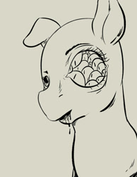 Size: 1400x1800 | Tagged: artist needed, safe, ponerpics import, oc, oc only, pony, bust, creepy, drawthread, drool, eye, eyes, grayscale, horror, monochrome, multiple eyes, open mouth, portrait, simple background, solo