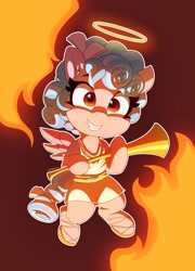 Size: 2878x4000 | Tagged: safe, artist:pabbley, cozy glow, pegasus, pony, clothes, dress, ear fluff, ears, fangs, female, filly, fire, flying, freckles, grin, halo, holding, musical instrument, pure concentrated unfiltered evil of the utmost potency, pure unfiltered evil, smiling, solo, spread wings, wings