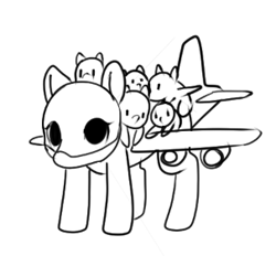 Size: 303x281 | Tagged: safe, artist:anonymous, oc, oc only, original species, plane pony, pony, black and white, grayscale, monochrome, plane, ponies riding ponies, riding, riding on back
