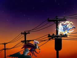 Size: 1333x1000 | Tagged: safe, artist:slamjam, derpibooru import, gabby, gallus, gilda, bird, griffon, raven (bird), worm, electrocution, female, male, power line, sunset, trio, wings