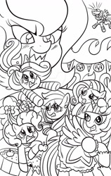 Size: 800x1267 | Tagged: safe, artist:marybellamy, derpibooru import, applejack, fluttershy, pinkie pie, princess luna, rainbow dash, rarity, twilight sparkle, twilight sparkle (alicorn), alicorn, earth pony, pegasus, pony, unicorn, apple bobbing, commission, female, fire, gritted teeth, lineart, mane six, mare, monochrome, nightmare night, redo, s1 luna, sharp teeth, slit eyes, teeth