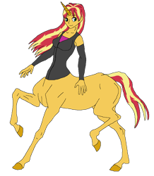 Size: 754x866 | Tagged: safe, alternate version, artist:cdproductions66, artist:nypd, derpibooru import, sunset shimmer, centaur, monster girl, equestria girls, aquamarine eyes, base used, breasts, centaurified, clothes, detached sleeves, female, hooves, human head, long hair, missing cutie mark, raised hooves, reasonably sized breasts, red hair, shirt, simple background, solo, sunset jiggler, transparent background, two toned hair, two toned tail, undershirt, unicorn horn, unitaur, vest