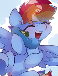 Size: 1926x2532 | Tagged: safe, artist:lexiedraw, derpibooru import, rainbow dash, pegasus, pony, blushing, chest fluff, cute, dashabetes, eyebrows visible through hair, eyes closed, female, high res, mare, phone, simple background, solo, spread wings, underhoof, wings