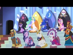 Size: 500x375 | Tagged: safe, derpibooru import, screencap, princess cadance, princess celestia, princess luna, twilight sparkle, alicorn, pony, equestria games (episode), season 4, hub logo, meme, sitting, television logo joke, throne