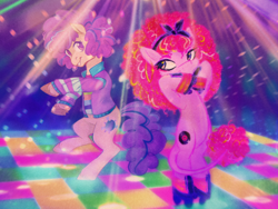 Size: 1500x1125 | Tagged: safe, artist:equmoria, artist:pigeorgien, derpibooru import, oc, oc only, oc:lovelight the dancing queen, oc:retrica, earth pony, pony, collaboration, clothes, curly hair, dancing, disco, duo, ear piercing, earring, eyeshadow, female, jewelry, leonine tail, makeup, mare, piercing, roller skates, unshorn fetlocks