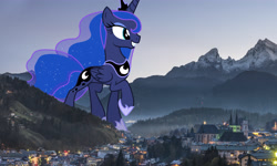 Size: 4500x2700 | Tagged: safe, artist:dashiesparkle edit, artist:theotterpony, derpibooru import, princess luna, alicorn, pony, city, cute, female, giant pony, giantess, highrise ponies, irl, lunabetes, macro, mare, mountain, photo, ponies in real life, solo, story included