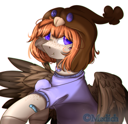 Size: 2488x2410 | Tagged: safe, artist:mediasmile666, derpibooru import, oc, oc only, pegasus, pony, bandage, bust, clothes, female, freckles, hat, mare, simple background, solo, spread wings, sweater, transparent background, wings