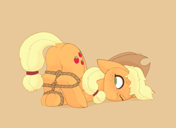Size: 2621x1900 | Tagged: safe, artist:enzodoesart, derpibooru import, applejack, earth pony, pony, applebutt, beige background, bondage, butt, dock, face down ass up, featureless crotch, female, high res, hogtied, looking back, mare, one eye closed, plot, rope, rope bondage, simple background, solo