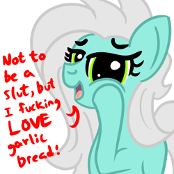 Size: 1200x1200 | Tagged: safe, artist:dafiltafish, derpibooru import, oc, oc:goosey, earth pony, female, garlic bread, mare, red text, simple background, solo, text, vulgar, white background