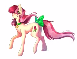 Size: 2340x1791 | Tagged: safe, artist:киюшник_кий, derpibooru import, roseluck, earth pony, pony, bow, chest fluff, collar, commission, commissioner:doom9454, female, mare, pet collar, pet tag, pony pet, rosepet, simple background, solo, tail bow, white background