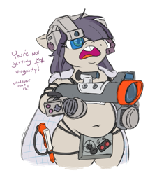 Size: 495x551 | Tagged: safe, artist:jargon scott, derpibooru import, oc, oc only, oc:dot matrix, earth pony, pony, angry video game nerd, belly button, bipedal, chubby, controller, female, hair over one eye, joystick, konami laser scope, mare, nes advantage, nintendo super scope, nintendo zapper, power glove, power pad, simple background, solo, super scope, white background