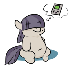 Size: 349x328 | Tagged: safe, artist:jargon scott, derpibooru import, oc, oc only, oc:dot matrix, earth pony, pony, belly button, chubby, eyebrows visible through hair, female, game boy, hair over eyes, mare, mole, sitting, solo, thought bubble