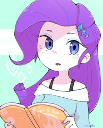 Size: 1479x1836 | Tagged: safe, artist:nendo, derpibooru import, rarity, equestria girls, book, looking at you, magazine, nail polish, reading, shoulderless, solo