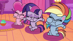 Size: 1920x1080 | Tagged: safe, derpibooru import, screencap, pinkie pie, rainbow dash, twilight sparkle, twilight sparkle (alicorn), alicorn, earth pony, pegasus, pony, my little pony: pony life, the de-stress ball, spoiler:pony life s02e23, eyes closed, female, holding breath, mare, puffy cheeks, trio, trio female