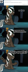 Size: 1280x3312 | Tagged: safe, artist:spectty, derpibooru import, oc, oc:spectty, pegasus, ask, caption, image macro, pegasus oc, puzzled, shocked, sitting, striped tail, surprised, text, tumblr, two toned mane