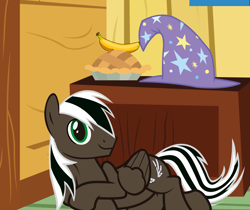 Size: 1280x1076 | Tagged: safe, artist:spectty, derpibooru import, oc, oc:spectty, pegasus, ask, banana, caption, clothes, draw me like one of your french girls, food, hat, image macro, looking at you, lying, lying down, lying on the ground, pegasus oc, pie, smiling, striped tail, text, trixie's hat, tumblr, two toned mane