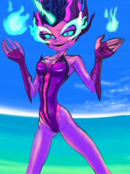 Size: 756x1010 | Tagged: safe, artist:xjleiu, derpibooru import, midnight sparkle, sci-twi, twilight sparkle, equestria girls, breasts, busty sci-twi, clothes, female, leotard, magic, ocean, one-piece swimsuit, solo, swimsuit, wingless