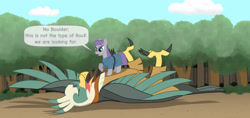 Size: 4242x1995 | Tagged: safe, alternate version, artist:malte279, derpibooru import, maud pie, bird, roc, boulder, comic, everfree forest, pun, rock