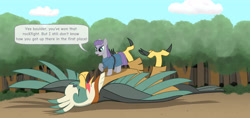 Size: 4242x1995 | Tagged: safe, alternate version, artist:malte279, derpibooru import, maud pie, bird, roc, boulder, comic, everfree forest, pun, rock