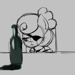 Size: 3000x3000 | Tagged: safe, artist:menalia, derpibooru import, oc, oc only, oc:shiru, pegasus, pony, bottle, chair, clothes, eyepatch, hoodie, implied pegasus, sad, sitting, sketch, table, unfinished art, wine bottle