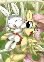 Size: 1024x1449 | Tagged: safe, artist:neoshrek, derpibooru import, angel bunny, fluttershy, pegasus, pony, rabbit, angelbetes, animal, cute, eyes closed, open mouth, open smile, playing, shyabetes, smiling, swing