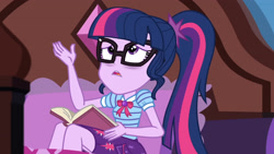 Size: 3410x1920 | Tagged: safe, derpibooru import, screencap, sci-twi, twilight sparkle, better together, equestria girls, holidays unwrapped, bed, blizzard or bust, book, bowtie, clothes, cutie mark, cutie mark on clothes, female, geode of telekinesis, glasses, jewelry, looking up, magical geodes, necklace, open mouth, ponytail, solo