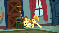 Size: 1920x1080 | Tagged: safe, derpibooru import, screencap, braeburn, earth pony, pony, appleoosa's most wanted, chair, door, male, pushing, solo, stallion