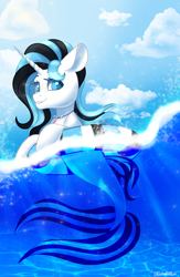 Size: 1448x2222 | Tagged: safe, artist:wicked-red-art, derpibooru import, oc, oc only, pony, seapony (g4), unicorn, blue eyes, cloud, commission, crepuscular rays, dorsal fin, fish tail, flowing tail, freckles, jewelry, looking at you, necklace, ocean, seaponified, sky, smiling, solo, species swap, sunlight, tail, underwater, water, ych result