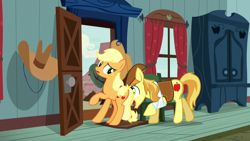 Size: 1920x1080 | Tagged: safe, derpibooru import, screencap, applejack, braeburn, earth pony, pony, appleoosa's most wanted, bandage, butt, chair, cousins, door, female, male, mare, pushing, pushing away, raised hoof, raised leg, stallion