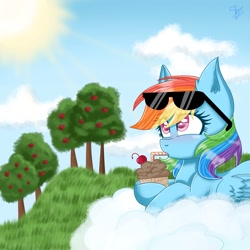 Size: 1509x1509 | Tagged: safe, artist:galaxy swirl, derpibooru import, rainbow dash, pegasus, pony, apple, apple tree, cloud, drinking straw, solo, sunglasses, tree