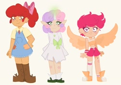 Size: 2420x1691 | Tagged: safe, artist:charrlll, derpibooru import, apple bloom, scootaloo, sweetie belle, human, alternate hairstyle, apple bloom's bow, bandaid, beauty mark, belly button, blushing, boots, bow, clothes, converse, cowboy boots, cutie mark crusaders, dress, elf ears, female, flats, freckles, glowing horn, hair bow, horn, horned humanization, humanized, magic, midriff, overalls, shirt, shoes, shorts, simple background, skirt, socks, sports bra, sports shorts, white background, winged humanization, wings, wristband