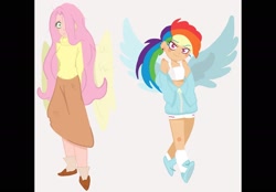 Size: 2360x1640 | Tagged: safe, artist:charrlll, derpibooru import, fluttershy, rainbow dash, human, alternate hairstyle, bedroom eyes, belly button, clothes, converse, duo, ear piercing, earring, female, flats, hair over one eye, hoodie, humanized, jewelry, midriff, piercing, shoes, shorts, simple background, skirt, socks, sports bra, sports shorts, sweater, sweatershy, white background, winged humanization, wings