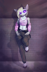 Size: 1941x3000 | Tagged: safe, artist:phenya, derpibooru import, oc, oc only, anthro, robot, robot pony, unguligrade anthro, anthro oc, belly button, clothes, croptop, horns, looking at you, midriff, pants, sfw