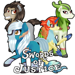 Size: 1920x1920 | Tagged: safe, artist:spokenmind93, derpibooru import, oc, earth pony, seapony (g4), cobalion, earth pony oc, group picture, keldeo, pokémon, ponymon, simple background, swords of justice, terrakion, transparent background, virizion