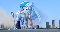 Size: 4096x2207 | Tagged: safe, artist:ravistdash, derpibooru import, oc, oc:ravist, pegasus, pony, building, chinese, city, clothes, irl, macro, mouth hold, outfit, photo, ponies in real life, shovel, solo, standing
