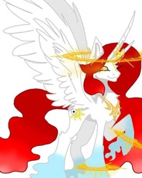 Size: 640x800 | Tagged: safe, artist:_goddesskatie_, derpibooru import, oc, oc only, alicorn, pony, alicorn oc, female, halo, hoof fluff, horn, mare, raised hoof, raised leg, smiling, solo, wings