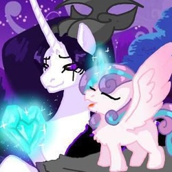 Size: 320x320 | Tagged: safe, artist:_goddesskatie_, derpibooru import, princess flurry heart, oc, alicorn, alicorn oc, chest fluff, crystal heart, duo, eyes closed, female, glowing horn, horn, magic, mare, night, smiling, telekinesis, wings