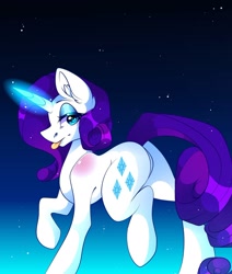 Size: 1080x1275 | Tagged: safe, alternate version, artist:tessa_key_, derpibooru import, rarity, pony, :p, bedroom eyes, butt, ear fluff, ears, eyelashes, female, glowing horn, gradient background, horn, mare, plot, raised hoof, raised leg, signature, solo, tongue, tongue out