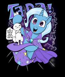 Size: 2271x2684 | Tagged: safe, artist:andypriceart, artist:brunursus, derpibooru import, angel bunny, trixie, pony, unicorn, angel is a bunny bastard, angel is not amused, black background, bunny out of the hat, cape, clothes, hat, magic, magic trick, simple background, solo, thought bubble, trixie's cape, trixie's hat, unamused, vector