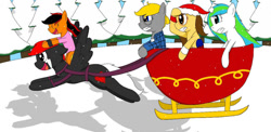 Size: 1110x540 | Tagged: safe, artist:shycookieq, derpibooru import, oc, oc only, earth pony, pegasus, pony, christmas, earth pony oc, glasses, hat, holiday, outdoors, pegasus oc, ponies riding ponies, riding, santa hat, sled, tree