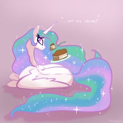 Size: 2048x2048 | Tagged: safe, artist:pfeffaroo, derpibooru import, princess celestia, alicorn, pony, cake, cakelestia, crying, dialogue, food, frown, lying down, sad