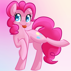 Size: 750x750 | Tagged: safe, artist:nyanpegasus, derpibooru import, pinkie pie, earth pony, pony, :p, abstract background, eyelashes, raised hoof, raised leg, smiling, solo, tongue, tongue out