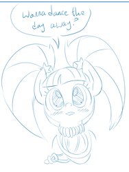 Size: 514x682 | Tagged: safe, artist:dendollae, derpibooru import, pacific glow, earth pony, pony, dialogue, female, jewelry, looking at you, mare, monochrome, necklace, open mouth, pacifier, sketch, solo, speech bubble