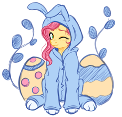 Size: 3261x3136 | Tagged: safe, artist:vetta, derpibooru import, fluttershy, pegasus, pony, animal costume, bunny costume, bunnyshy, clothes, costume, easter, easter egg, female, high res, holiday, mare, one eye closed, simple background, sitting, smiling, solo, white background, wink