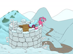 Size: 1280x960 | Tagged: safe, artist:dendollae, derpibooru import, pinkie pie, earth pony, pony, castle, female, mare, party cannon, smiling, snow, solo