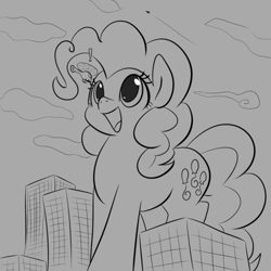 Size: 500x500 | Tagged: safe, artist:dendollae, derpibooru import, pinkie pie, earth pony, pony, cute, diapinkes, exclamation point, female, grayscale, helicopter, macro, mare, monochrome, open mouth, smiling, solo