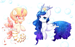 Size: 3031x1928 | Tagged: safe, artist:monnychanart, derpibooru import, oc, oc only, hybrid, merpony, sea pony, adoptable, auction, blue eyes, blue mane, bubble, coral, female, fish tail, flowing mane, flowing tail, jewelry, necklace, open mouth, orange mane, pearl necklace, red eyes, seashell, simple background, smiling, sparkles, starfish, tail, underwater, white background