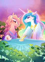 Size: 1280x1755 | Tagged: safe, artist:pumpkabooo, derpibooru import, princess amore, princess celestia, alicorn, pony, unicorn, colored pupils, crown, curly hair, curly mane, dusk, ethereal mane, female, flowing mane, folded wings, hoof shoes, horn, jewelry, leaf, looking at each other, orange eyes, purple eyes, regalia, sad, sky, sparkles, starry mane, sunset, table, teapot, wings